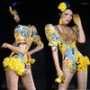 Sahne Giyim Sarı Moda Baskı Bodysuit Caz Dans Kostümleri Kutup Dans Kıyafetleri Gece Kulübü DJ Kadın Hip Hop Kıyafet