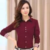 Kvinnors blusar Spring Plaid Patchwork Slim White Shirt Topps Långärmad Polo Neck Solid Color All-Match Blus Office Fashion Women kläder