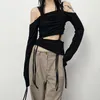 T-shirts pour femmes Y2k Shirring Crop Top Cut Put Sexy Vintage Grunge Tee Full Sleeve Off Shoulder Chemise coréenne Automne Harajuku Pull