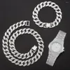 Kedjor hiphop män kvinnor is ut titta på 3st kit lyxklockor smycken set halsband armband bling 16mm kubansk länk kedja gåva