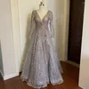 Party Dresses Brown Arabic Evening 2023 Lace V Neck full ärmar Crystal Long Ball Gown Prom Formella klänningar Muslim Hög kvalitet