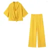 Women's Two Piece Pants 2023 Summer Product Yellow Knotted Short Shirt 9479067 Draping Pajamas Casual Long 9479068