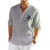 Herr t-skjortor 2023 Summer Linen långärmad t-shirt Löst fast färg bomullstryckt stjärnfiskskjorta