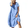 Casual Dresses Women Midi Dress Short Sleeves Loose Round Neck Pathwork Solid Color Soft Mid-calf Length Pockets Thin Lady Beach