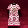 2023 Summer Red Floral Print Dress Short Sleeve Round Neck Knee-Length Casual Dresses A3Q122218