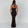 Casual Dresses Plunging Necklinje rygglös sjöjungfru maxi klänning halter hals svart eldtryck formellt tillfälle elegant lång prom