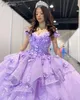 Lilas Quinceanera Dress 2024 Glitter Sparkle Off-Shoulder Quince Ball Gown Corset Sweet 16 Birthday Party Prom Gala Vestidos De 15 Anos Charro Mexican 3D Flowers Blue