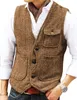 Men's Vests Casual Tooling Vest Formal Herringbone Tweed Brown V Neck Wool Waistcoat Business Vest Groomman For Wedding Prom 230729