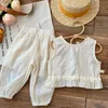 Kleding Sets Koreaanse Kinderen Kids Set Meisjes Zomer Biologisch Katoen Stropdas Tank Sling Gesmokte Top Kant Wijde Pijpen Broek Broeken Outfits 230728