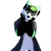 Costume da mascotte di volpe di cane Husky Fursuit Costume da travestimento di fantasia di Halloween Vestito di pelliccia verde e scuro Pelliccia lunga318g