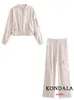 Kvinnors tvåbitar byxor Kondala Casual Satin Women Beige Suits Fashion 2023 Summer Zipper Bomber Jackets High midje breda benkläderuppsättningar