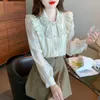 Dames Blouses Casual Effen Kleur Vlinder Boog Gevoel Voor Design Blouse Dames Lange mouw V-kraag All-Match Geplooid Chiffon Shirt 2023 A435