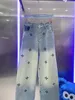 2023年春秋のジーンズfor Luxury Brand Jean high WAIST HULLOWED PATCHOUREDロゴデコレーションカジュアルブルーストレートデニムパンツ4スタイル