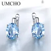 Ear Cuff Umcho Blue Topaz Clip Earrings for Women Solid 925 Sterling Silver Jewelry Oval Gemstone Korean Earrings Gift To Her Smyckes 230728