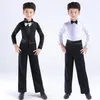 Abbigliamento da palcoscenico Ragazzi Costume da ballo latino Sala da ballo Cha Rumba Salsa Tango Performance Abbigliamento Set Bambini Nero Bianco Bow Dancewear299h