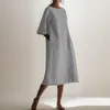 Casual Dresses Cotton Linen Dress Women o-hals Half Sleeve Sundress Summer Woman Stylish Elegant Work Vintage Loose Midi