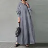 Casual Dresses Plus Size Stripe Muslim Robe Long Sleeve V Neck Loose Shirts Maxi Dress Party Summer Women Beach Holiday Pullover Vestido