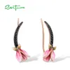 Ear Cuff SANTUZZA Real 925 Pendientes de plata esterlina para mujer Sparkling Black Spinel Tulip Flower Pierce Charming Fine Jewelry Esmalte 230728