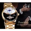 Forsining Männer Uhr Automatische Goldene Sonne Mond Phase Stahl Band Tourbillon Schwarz Weiß Gesicht Business Mechanische Reloj Hombre2227