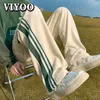 Męskie spodnie Casual Beige Striped Joggers Bf Harajuku Summer Sport Sport String szeroki nóg Męskie spodnie proste spodnie