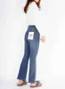 Fd Same Mid High French Waist Diseño de doble botón Slim Fit Micro Flared Jeans de 9 puntos