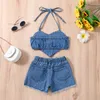 Conjuntos de roupas FOCUSNORM dia dos namorados criança menina roupas de verão 2 pçs estampa de pontos coração denim camisola jeans rasgado shorts 230728