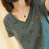 Women's Sweaters Pullover Vintage Pattern Short Sleeve Casual Sweater Coat Ladies V-neck Loose Plus Size Knit Jumper Summer Chic T-shirt