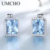 Ear Cuff UMCHO Luxury Nano Sky Blue Topaz Gemstone Clip On Earrings Jewelry Solid 925 Sterling Silver Earrings For Women Birthday Gift 230728