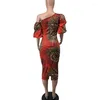Ethnic Clothing Sexy Off-Shoulder African Dress Women Clothes Traditional Floral Print Bodycon Party Dresses
