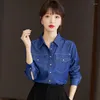 Blusas de mujer Moda Camisa de mezclilla azul coreana Mujeres Tops de manga larga delgados sueltos