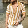 Camisas casuais masculinas de tricô moda masculina vazada respirável cardigã de praia manga curta verão botão lapela tricô