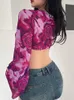 Camisetas femininas SEASONS 90s Vintage Aesthetics Floral Print Chiffon Crop Tops Y2K Fashion Bandage Babados Trim Decote em V T-shirt Flare Manga