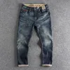 Mäns jeans selvedge denim för män tvättade diskuterade retro byxor avslappnade raka modebyxor rullar upp kläder tungvikt
