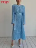 Grundläggande avslappnade klänningar TTQV Loose Blue Midi Dress Ladies Fashion Long Sleeve Office Spring Vintage Ruched Elegant For Women 230729