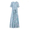 Abiti da festa 2023 Summer Beach Boho Maxi Dress per le donne Fashion Blue Print Loose Short Sleeve Long Elegant Bodycon Vestidos
