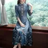 Sıradan Elbiseler İlkbahar ve Yaz Retro Uzun Etek Chinoiserie Etnografi Nakış Cheongsam Geliştirilmiş Versiyon Denim Elbise