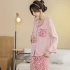 Vêtements de nuit pour femmes Ensembles de pyjamas léopard pour femmes 2PCS Chemise à manches évasées Pyjamas Costume Sexy Col rabattu Vêtements de nuit Automne Coton Homewear