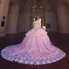 Vestidos de princesa rosa quinceanera com decote em bico e manga comprida vestido de baile apliques miçangas 3D flores vestidos de festa para meninas de 15 anos