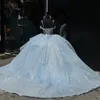 스카이 블루 연인 Quinceanera 드레스 반짝 반짝 레이스 아플리케 스팽글 스팽글 스위트 스위트 16 프린세스 볼 가운 멍청이 드 15 anos