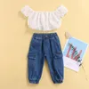 Ensembles de vêtements 2 pièces bébé couleur unie tenues enfant en bas âge hors épaule creux à manches courtes hauts courts jean avec poches