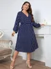 Robes grande taille Wrap col en V femmes Robe manches longues évêque rayé imprimé Robe taille ceinture a-ligne automne femme vêtements élégants