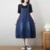 Casual Dresses #2179 Summer Black Blue Vintage A-Line Dress Sleeveless Denim Pockets övergripande midi jeans femme sexig