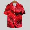 Men's Casual Shirts Red Rose Print Loose Shirt Man Vacation Elegant Floral Summer Custom Short Sleeve Streetwear Oversized Blouses
