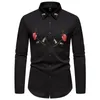 Men's Casual Shirts Black Rose Embroidery Print Dress Mens Brand Slim Long Sleeve Tuxedo Shirt For Men Button Down Chemise Homme