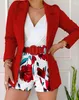 Vrouwen Trainingspakken 2 Delige Set Vrouwen Outfit 2023 Zomer Mode Notched Kraag Lange Mouwen Blazer Bloemenprint Shorts Met riem Kantoor