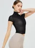 Aktive Shirts GYAKORLAT Damen High Neck Tight Yoga Kurzarm Mesh Sonnenschutz Sport T-Shirts Casual Smock Gym Fitness Crop Tops