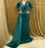 Elegant Dark Green Muslim Evening Dresses V Neck Long Sleeves Party Prom Dress Pearls Beading Sweep Train Long Dress for special occasion