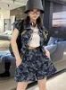 Tute da donna Street Fashion 2pc Abiti in denim Stampa colorata Giacca lunga in jeans Gilet Pantaloncini a gamba larga Summer Chic Set da 2 pezzi