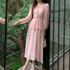 Casual Dresses Spring/Summer Ladies 2023 Långärmad V-ringning Lace-Up Chiffon Holiday Dress Korean Stil Elegant kväll