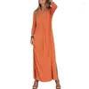 Freizeitkleider, plissiertes Kleid für Damen, einfarbig, stilvoll, V-Ausschnitt, Maxi, weiche Strickstoffärmel, seitlicher Schlitz für Atmungsaktivität